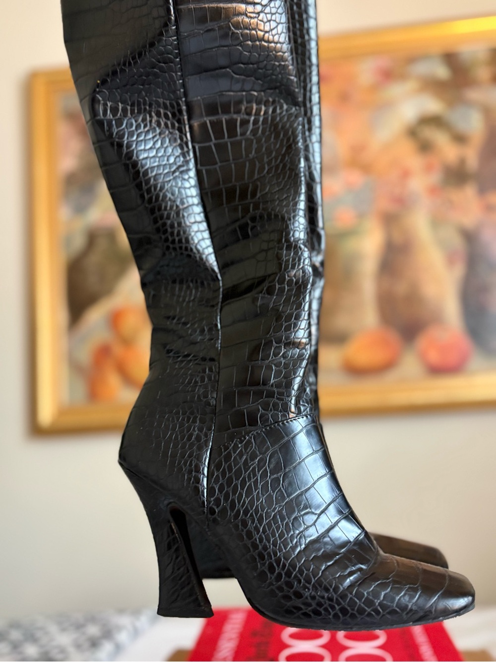Black Croc Knee High Boots - Picture 1 of 4